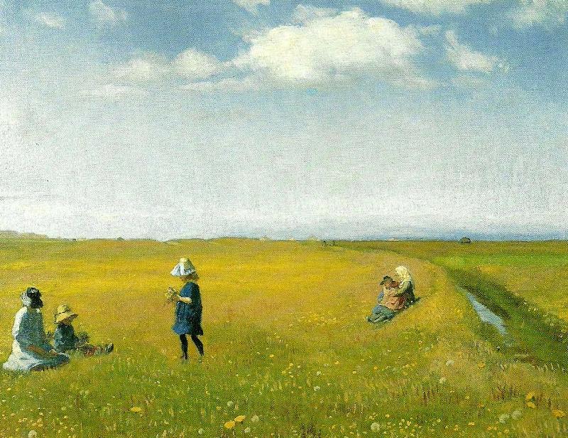 Michael Ancher born og unge piger plukker blomster pa en mark nord for skagen Norge oil painting art